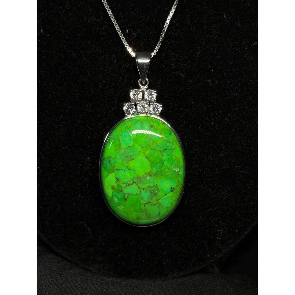 Sterling Silver 925 KH White Topaz Green Composite Turquoise Pendant Necklace 20